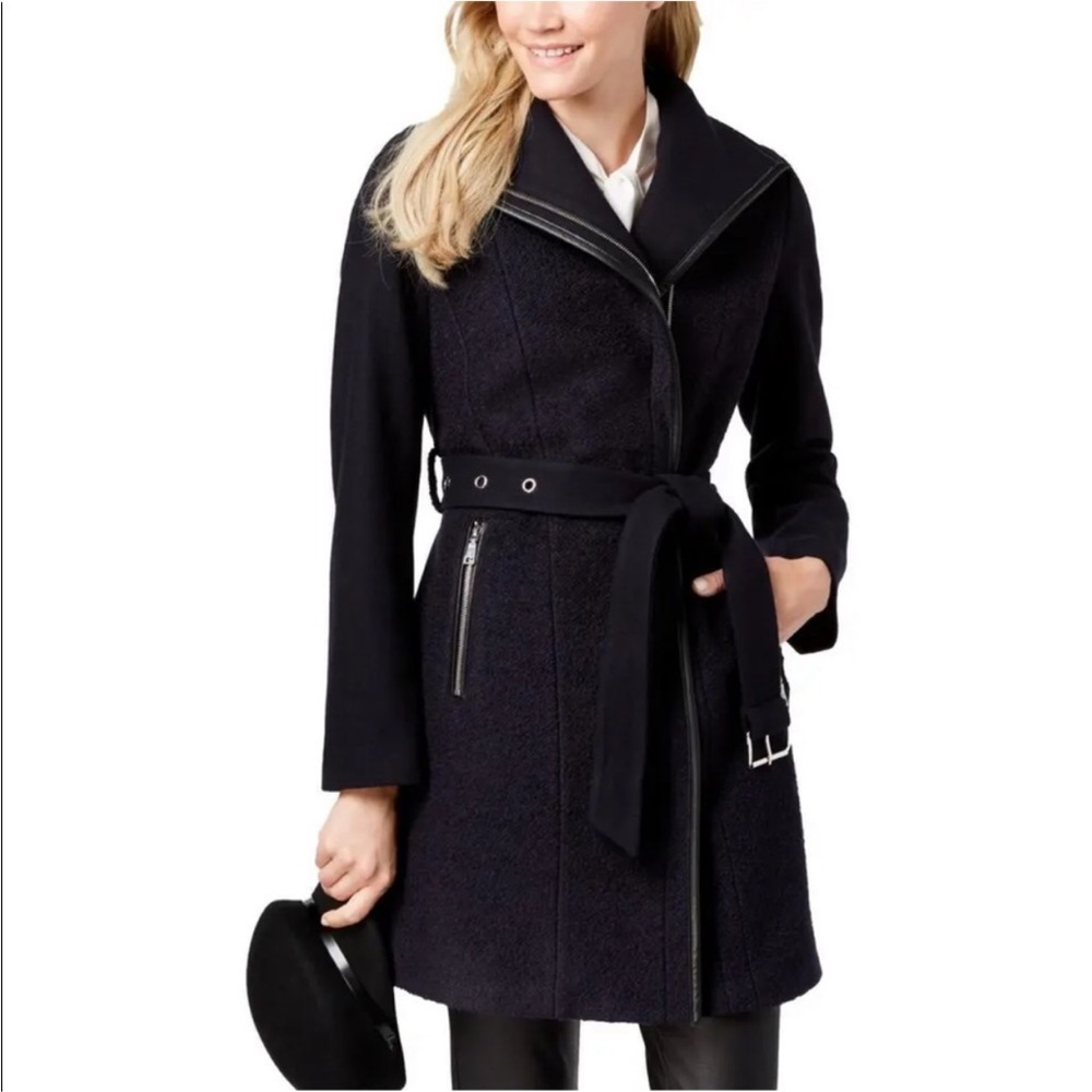 Tahari Womens Elaine Navy Asymmetrical Belted Coat Outerwear Size M $360